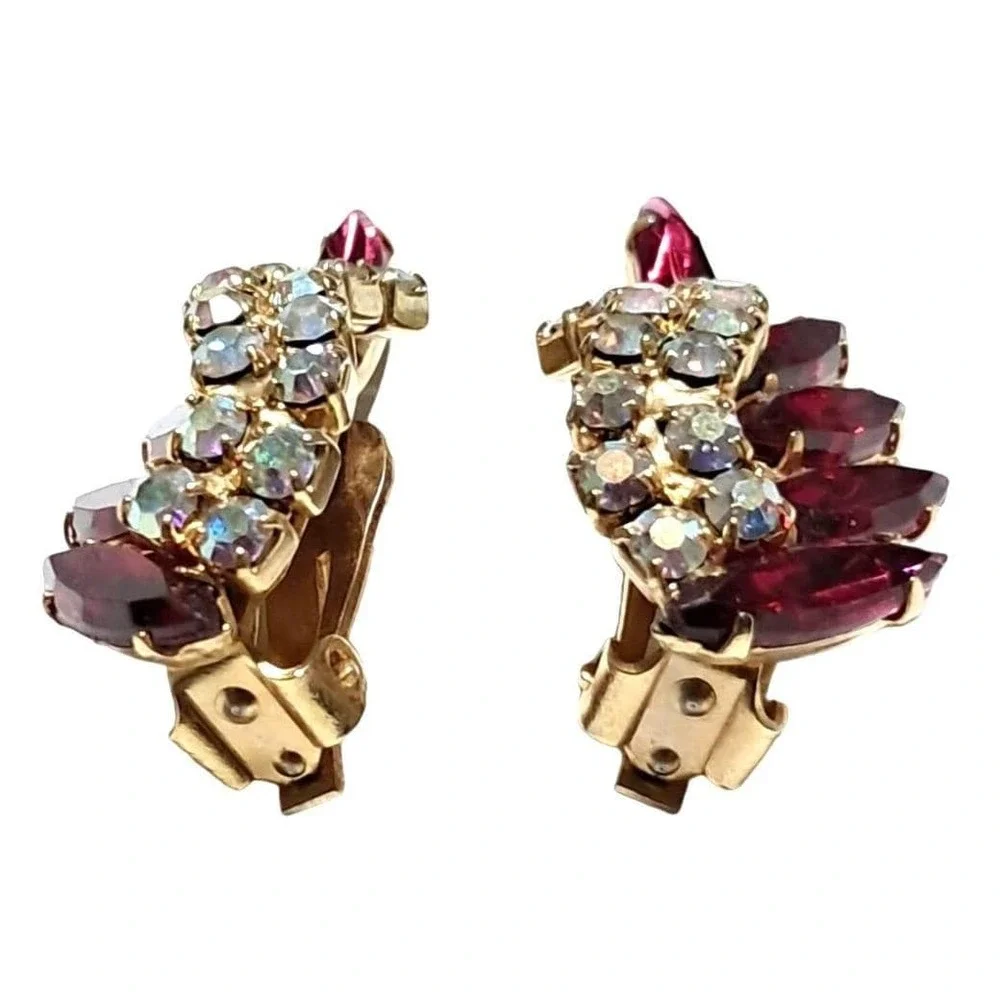 Vintage Pink Rhinestone Earrings with Aurora Borealis Ear Climbers Gold Tone Cli